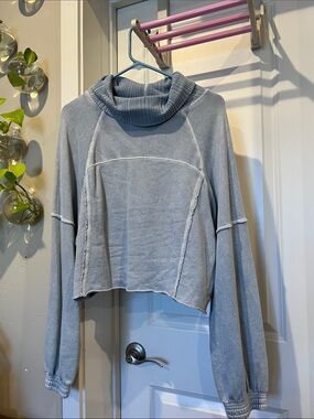 aerie Light Blue Cropped Cowl Neck Sweater
